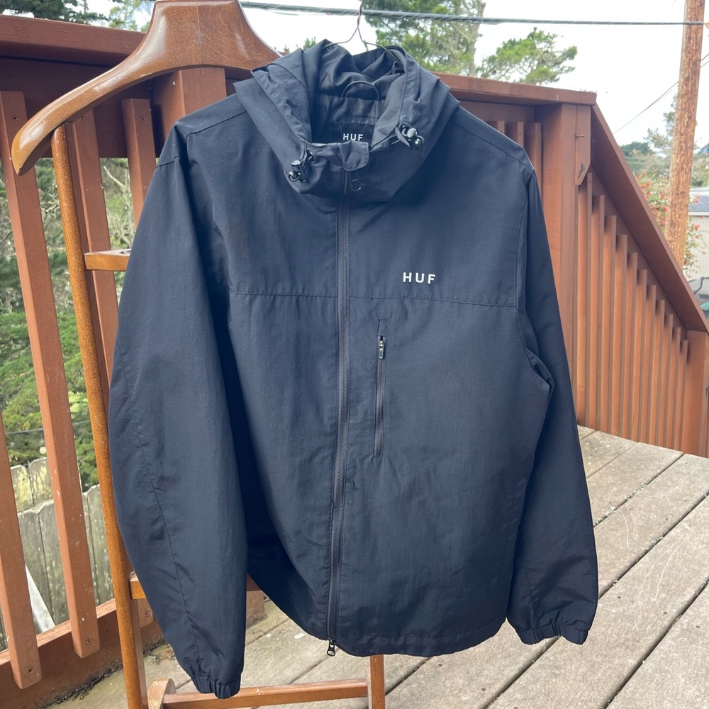 HUF Black Hooded Windbreaker with Chest Zip